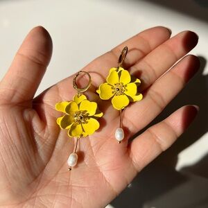 Yellow Floral Drop Earrings with Pearls